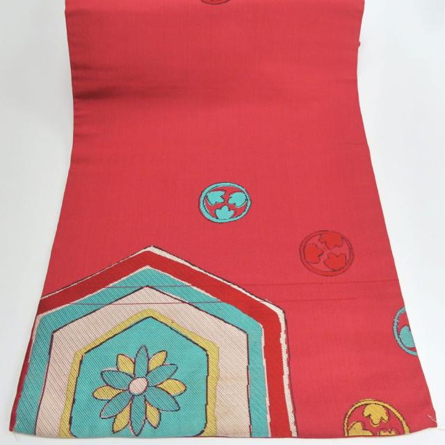 中古 名古屋帯 九寸 正絹(金銀糸除く) ワインレッド系 ライトブルー