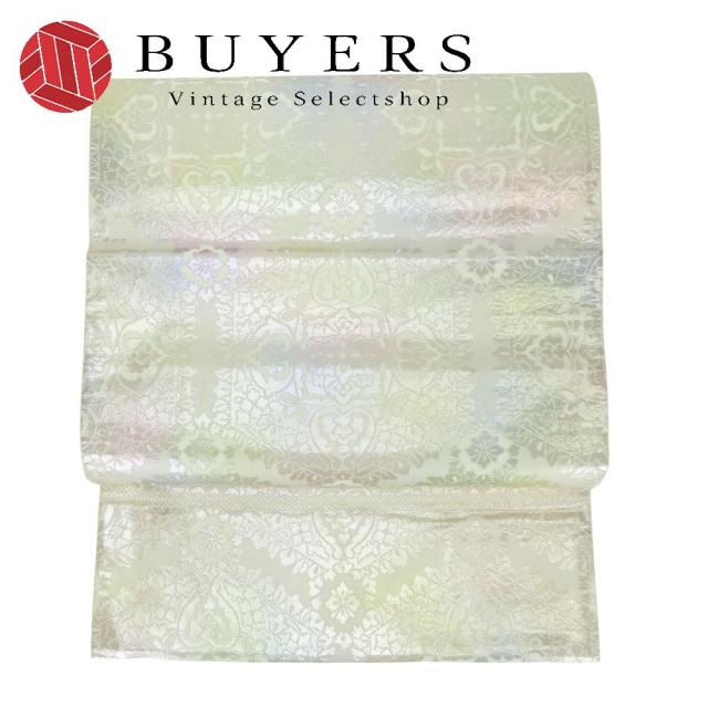 中古 袋帯 亀甲更紗紋 やまと 正絹(金銀糸除く) シルバー クリーム系 虹色 光沢 六通柄 フォーマル 和装 呉服 和服 きもの レディース 女性