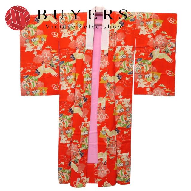 中古 子供着物 長襦袢 綿 化学繊維 着丈約128.5cm 裄丈約61cm 朱色 マルチカラー 女の子 七五三 お宮参り 和装 呉服 和服 きもの