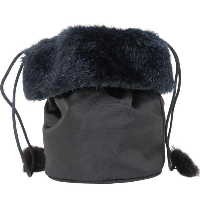 中古 セリーヌ ポーチ 巾着 ファー ナイロン ブラック ゴールド金具