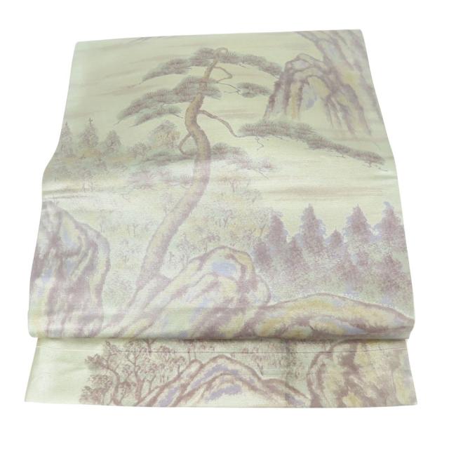 中古 袋帯 正絹(金銀糸除く) シルバー系 グリーン系 風景 お洒落 和装 呉服 和服 きもの レディース 女性 中古 袋帯 正絹(金銀糸除く) シルバー系 グリーン系 風景 お洒落 和装