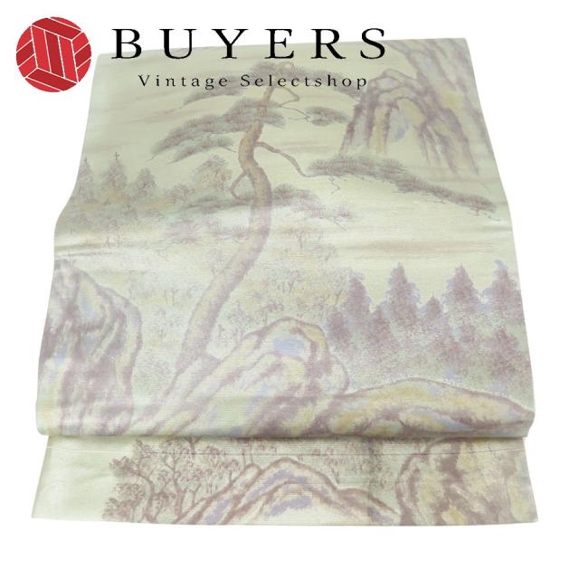 中古 袋帯 正絹(金銀糸除く) シルバー系 グリーン系 風景 お洒落 和装 呉服 和服 きもの レディース 女性