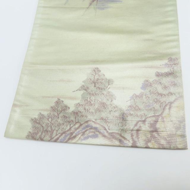 中古 袋帯 正絹(金銀糸除く) シルバー系 グリーン系 風景 お洒落 和装
