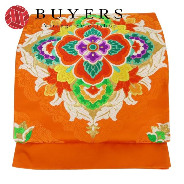 中古 袋帯 西陣織 正絹(金銀糸除く) 金糸 オレンジ マルチカラー 振袖用 古典 未仕立て 和装 呉服 和服 きもの レディース 女性