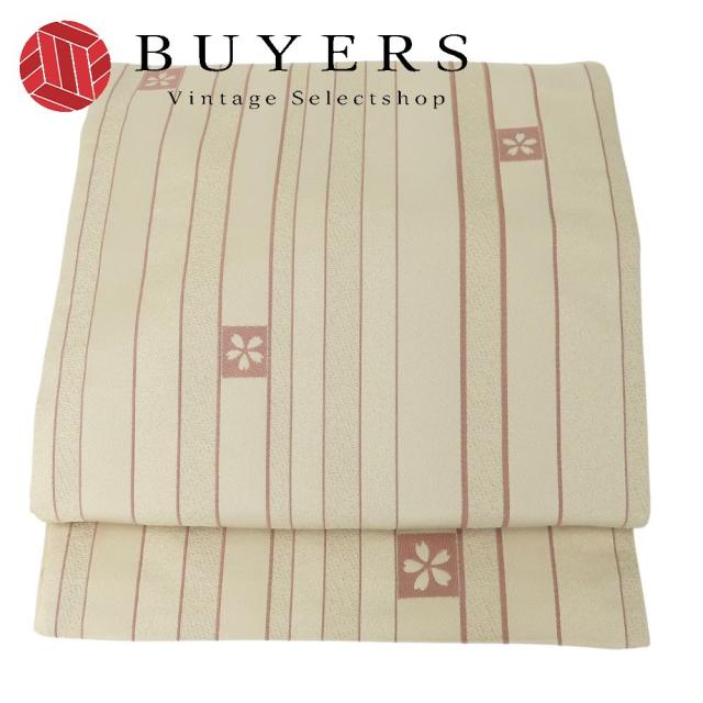 中古 袋帯 京袋帯 化学繊維 ベージュ 縦縞柄 桜文 フォーマル 和装 呉服 和服 きもの レディース 女性