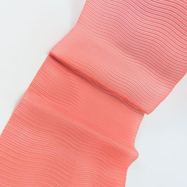 中古 名古屋帯 波筬織 絽 正絹(金銀糸除く) 銀糸 ピンク ホワイト