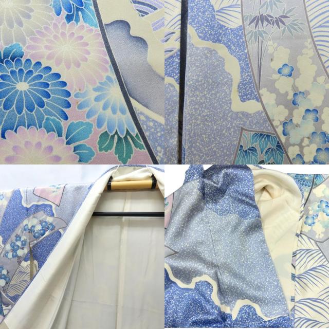 中古 振袖 襦袢セット 正絹 ブルー系 ホワイト パープル 草花柄 風景柄