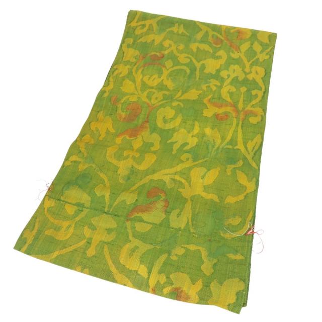中古 袋帯 紬 しつけ糸あり 八寸 正絹(金銀糸除く) グリーン系 山吹 唐草模様 モダン お洒落 和装 呉服 和服 きもの レディース 女性 中古 袋帯 紬 しつけ糸あり 八寸 正絹(金銀糸除く) グリーン系 山吹