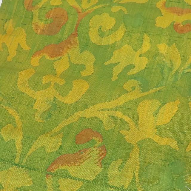 中古 袋帯 紬 しつけ糸あり 八寸 正絹(金銀糸除く) グリーン系 山吹
