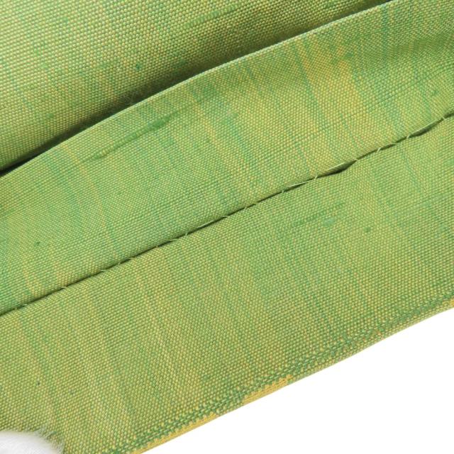 中古 袋帯 紬 しつけ糸あり 八寸 正絹(金銀糸除く) グリーン系 山吹