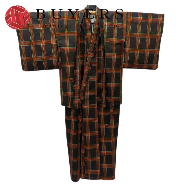 中古 着物セット アンサンブル 正絹 ブラウン オレンジ グリーン 紬 和装 呉服 和服 きもの メンズ 男性