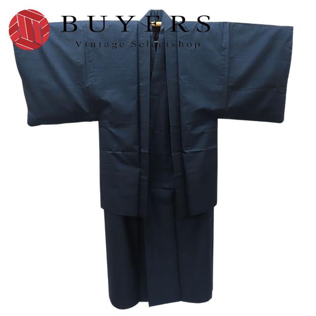中古 着物セット 羽織 アンサンブル 本場大島紬 正絹(金銀糸除く) ブルー ブラック 襦袢付き 和装 呉服 和服 きもの メンズ 男性