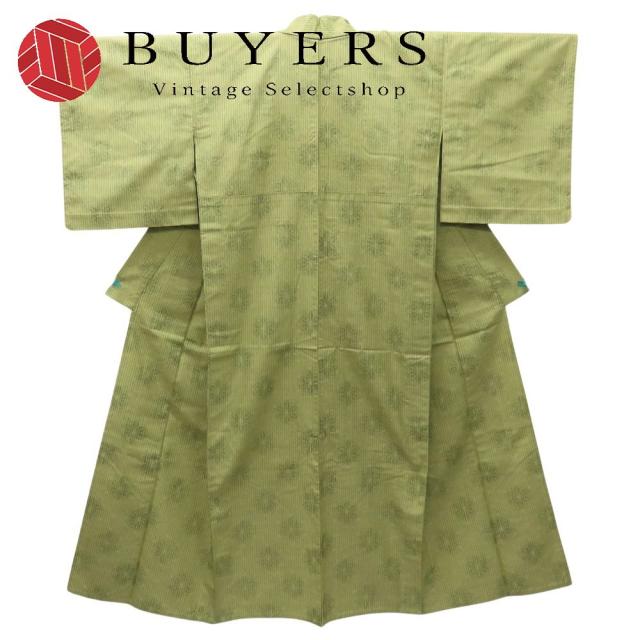 中古 紬 正絹(金銀糸除く) カーキグリーン系 麻の葉模様 単衣 バチ襟 和装 呉服 和服 きもの レディース 女性