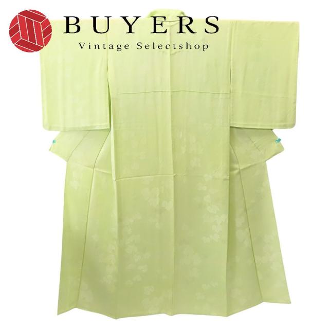 中古 色無地 正絹(金銀糸除く) ライトグリーン系 唐草模様 一つ紋 単衣 和装 呉服 和服 きもの レディース 女性