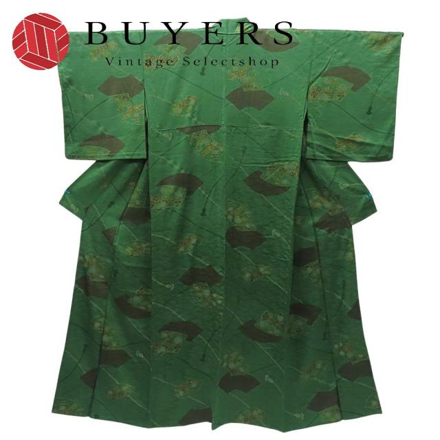 中古 小紋 正絹(金銀糸除く) グリーン 扇柄 お洒落 和装 呉服 和服 きもの レディース 女性