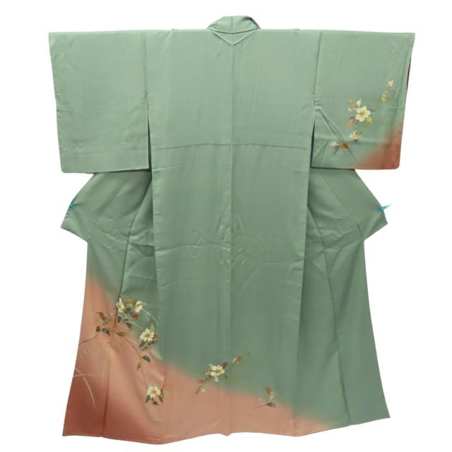 中古 訪問着・付下 正絹(金銀糸除く) グリーン系 草花柄 お洒落 和装 