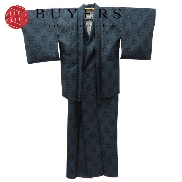 中古 着物セット 村山大島紬 アンサンブル 正絹 ブルー系 ブラック 和装 呉服 和服 きもの レディース 女性