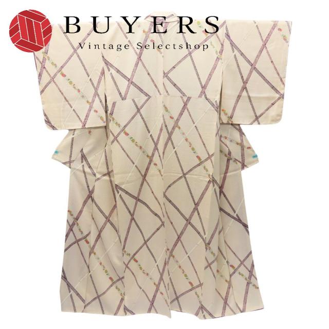 中古 小紋 正絹 ホワイト系 マルチカラー 亀甲柄 鹿の子柄 和装 呉服 和服 きもの レディース 女性