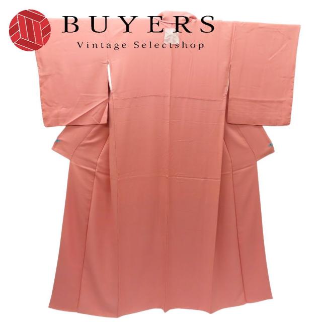 中古 色無地 ちりめん 正絹(金銀糸除く) サーモンピンク系 お洒落 一つ紋 和装 呉服 和服 きもの レディース 女性