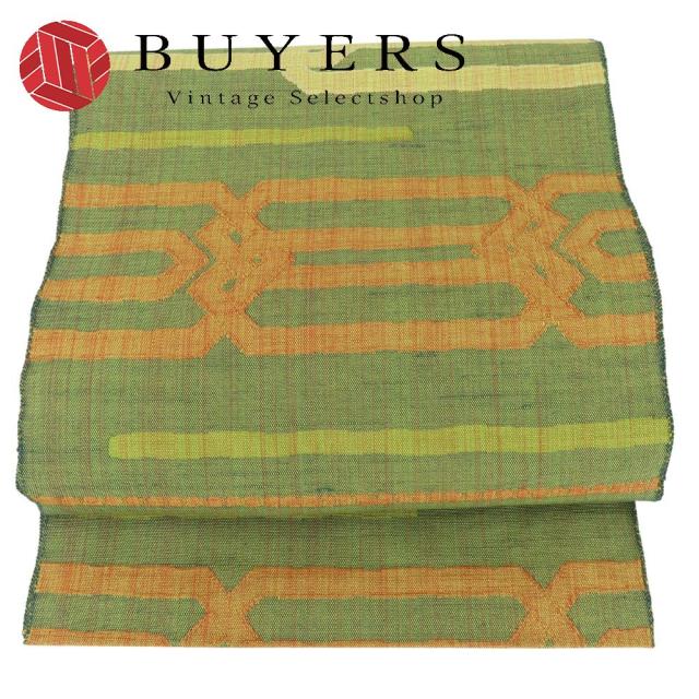 中古 名古屋帯 八寸 正絹(金銀糸除く) グリーン系 オレンジ 幾何学模様 モダン 洒落帯 和装 呉服 和服 きもの レディース 女性