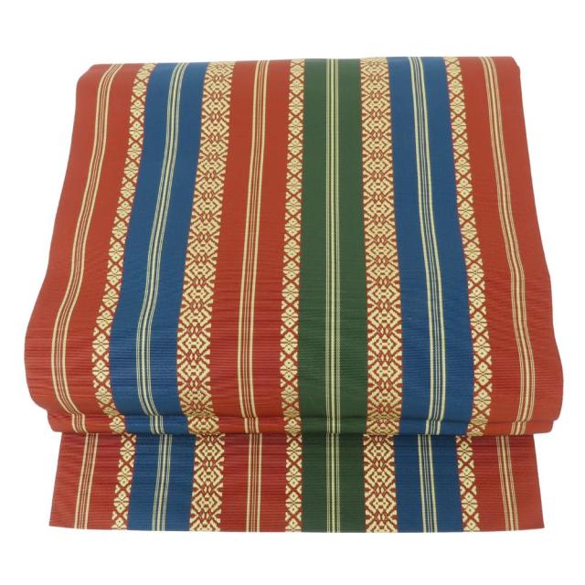 中古 名古屋帯 八寸 正絹(金銀糸除く) ブラウン ゴールド マルチカラー 松葉仕立て モダン お洒落 和装 呉服 和服 きもの レディース 女性 中古 名古屋帯 八寸 正絹(金銀糸除く) ブラウン ゴールド マルチカラー