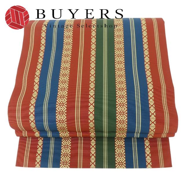 中古 名古屋帯 八寸 正絹(金銀糸除く) ブラウン ゴールド マルチカラー 松葉仕立て モダン お洒落 和装 呉服 和服 きもの レディース 女性