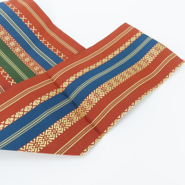 中古 名古屋帯 八寸 正絹(金銀糸除く) ブラウン ゴールド マルチカラー 松葉仕立て モダン お洒落 和装 呉服 和服 きもの レディース 女性 中古 名古屋帯 八寸 正絹(金銀糸除く) ブラウン ゴールド マルチカラー