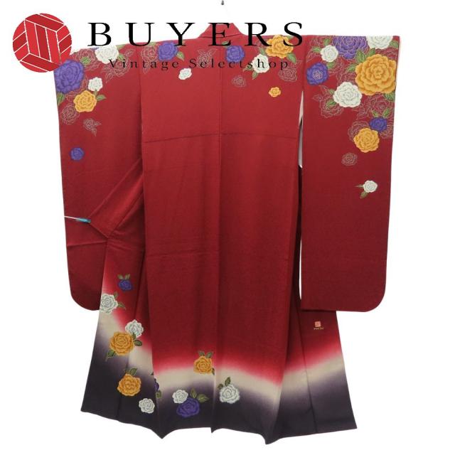 中古 振袖 振袖・襦袢・重ね襟・うそつき襟セット 正絹(金銀糸除く) 臙脂色 作家物 和装 呉服 和服 きもの レディース 女性