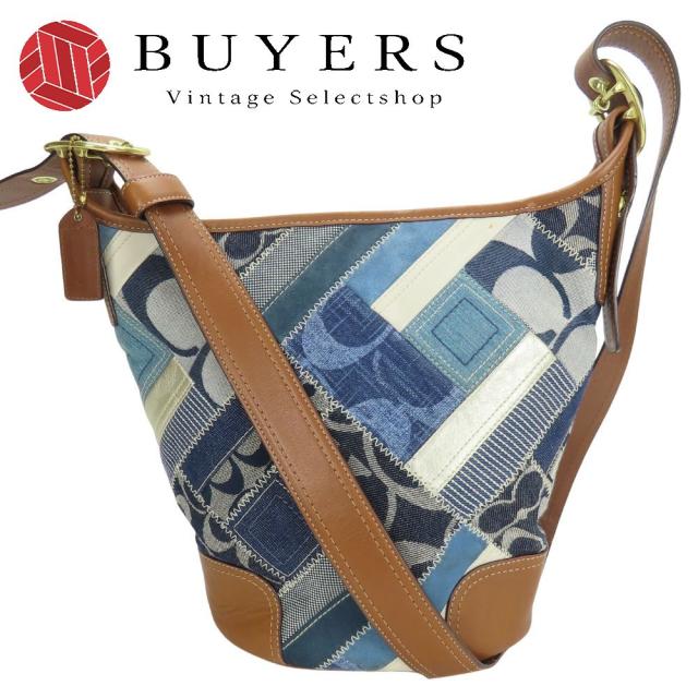 中古 コーチ ショルダーバッグ 12213 シグネチャー デニム レザー スエード ブルー系 ブラウン ホワイト シルバー 斜め掛け パッチワーク バケツ型 カジュアル レディース 女性 COACH