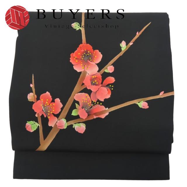 中古 名古屋帯 塩瀬 正絹(金銀糸除く) ブラック ピンク 梅 松葉仕立て お洒落 和装 呉服 和服 きもの レディース 女性