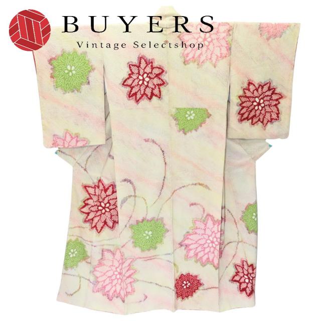 中古 小紋 総絞り 正絹 アイボリー系 レッド 和装 呉服 和服 きもの レディース 女性