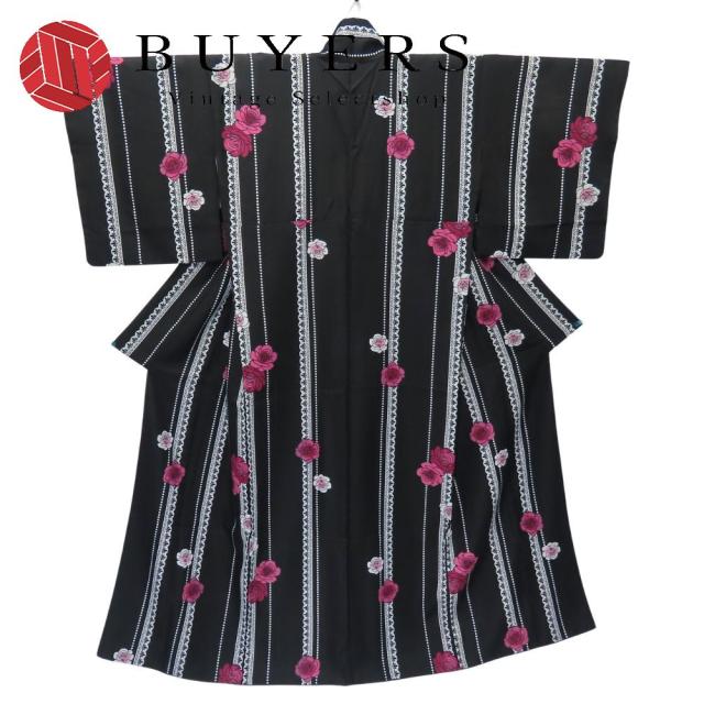 中古 小紋 ポリエステル ブラック ピンク ホワイト バラ 和装 呉服 和服 きもの レディース 女性