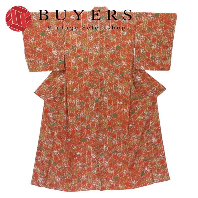 中古 小紋 正絹 朱色 和装 呉服 和服 きもの レディース 女性