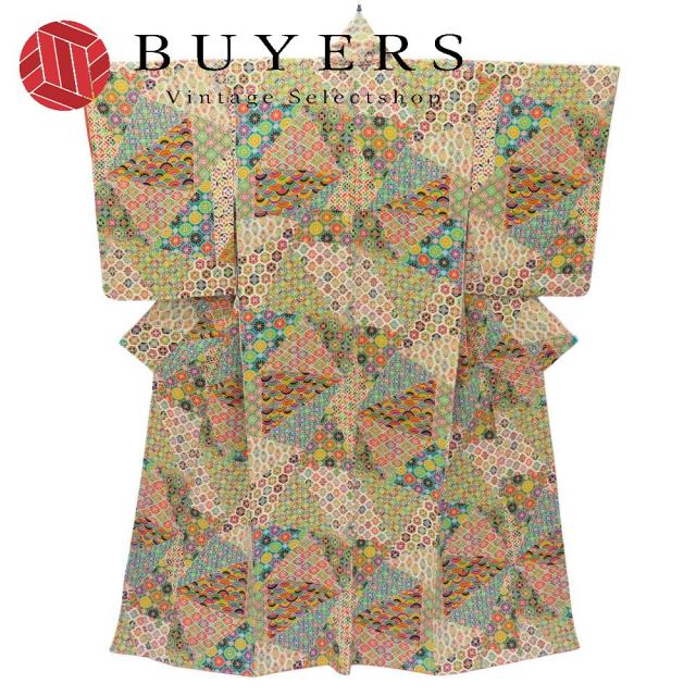 中古 小紋 正絹 グリーン系 マルチカラー 青海波 菊 和装 呉服 和服 きもの レディース 女性