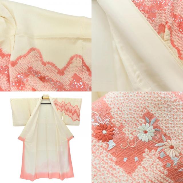 中古 訪問着・付下 3点セット 襦袢・半襟付き 正絹 ピンク ホワイト 絞り 和装 呉服 和服 きもの レディース 女性_4