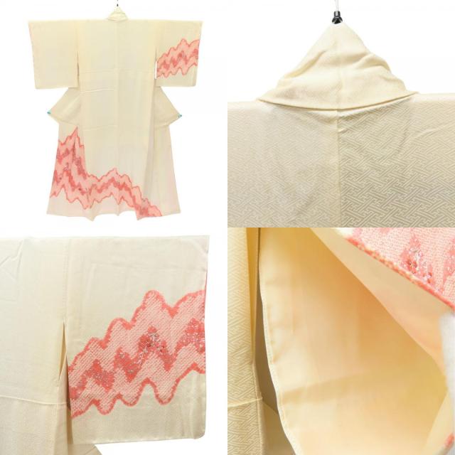 中古 訪問着・付下 3点セット 襦袢・半襟付き 正絹 ピンク ホワイト 絞り 和装 呉服 和服 きもの レディース 女性_1