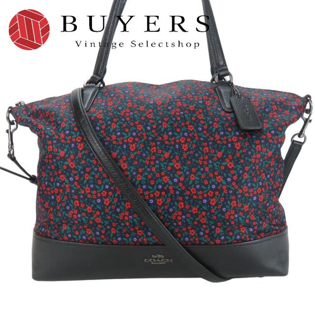 中古 コーチ トートバッグ F59433 サッチェル ランチ フローラル ナイロン レザー ブラック レッド グリーン 2WAY 斜め掛け ショルダー 小花柄 カジュアル レディース 女性 COACH