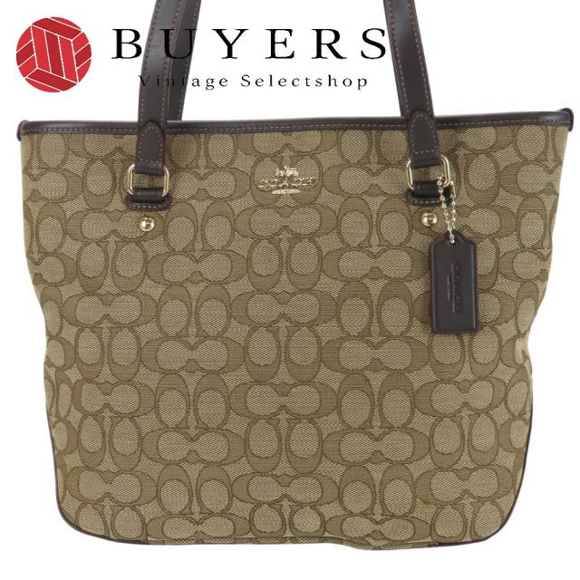 中古 コーチ トートバッグ F58282 シグネチャー キャンバス レザー ベージュ ブラウン 肩掛け 普段使い レディース 女性 COACH