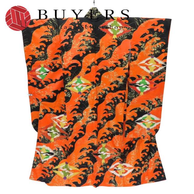 中古 振袖 正絹(金銀糸除く) ブラック オレンジ ゴールド 成人式 和装 呉服 和服 きもの レディース 女性