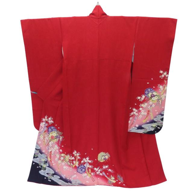 【中古】 振袖 正絹 レッド ピンク マルチカラー 成人式 古典柄 雪輪 和装 呉服 和服 きもの レディース 女性 中古 振袖 正絹 レッド ピンク マルチカラー 成人式 古典柄 雪輪 和装