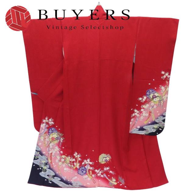 中古 振袖 正絹 レッド ピンク マルチカラー 成人式 古典柄 雪輪 和装 呉服 和服 きもの レディース 女性