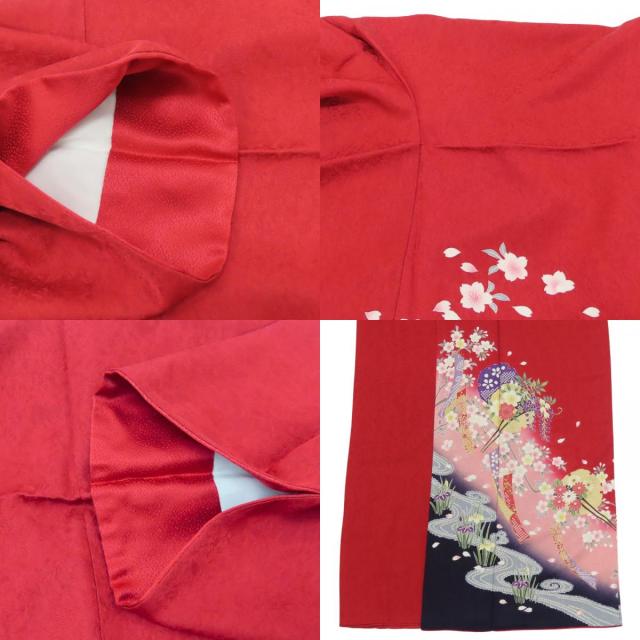 中古 振袖 正絹 レッド ピンク マルチカラー 成人式 古典柄 雪輪 和装