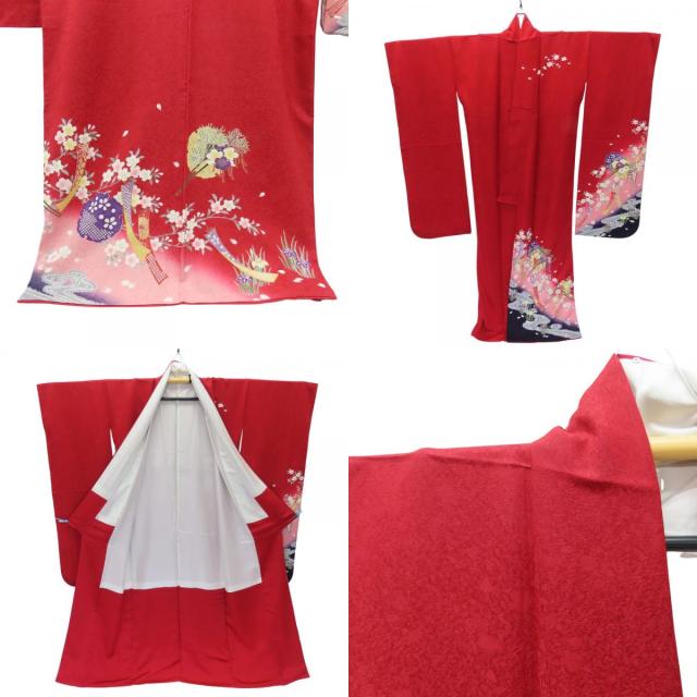 【中古】 振袖 正絹 レッド ピンク マルチカラー 成人式 古典柄 雪輪 和装 呉服 和服 きもの レディース 女性 中古 振袖 正絹 レッド ピンク マルチカラー 成人式 古典柄 雪輪 和装
