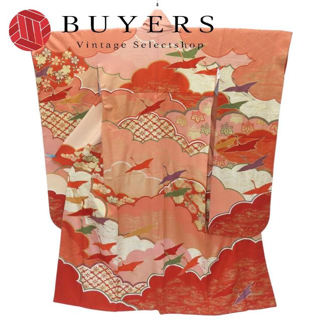 中古 振袖 正絹 サーモンピンク レッド 重ね襟付き 手描き 古典柄 和装 呉服 和服 きもの レディース 女性