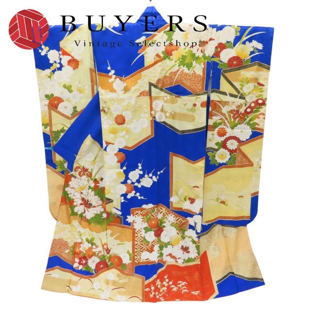 中古 振袖 正絹 ブルー イエロー 成人式 手描き 和装 呉服 和服 きもの レディース 女性