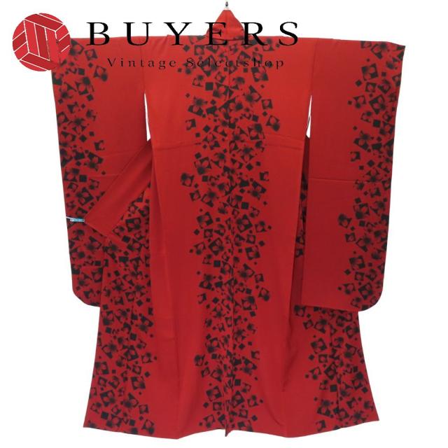 中古 振袖 正絹 レッド ブラック 桜 成人式 和装 呉服 和服 きもの レディース 女性