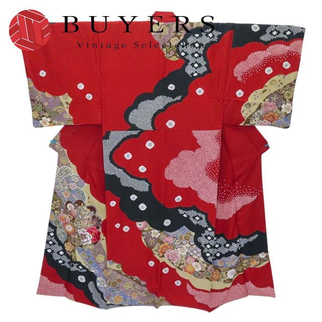中古 訪問着・付下 正絹 レッド ブラック 男仕立て 大衆演劇 舞台 和装 呉服 和服 きもの レディース 女性