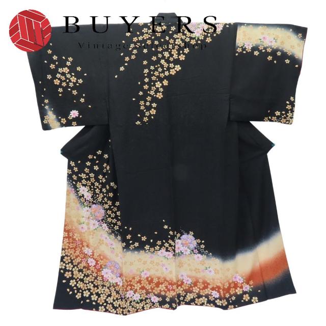 中古 訪問着・付下 正絹 ブラック オレンジ系 男仕立て 大衆演劇 舞台 和装 呉服 和服 きもの メンズ 男性