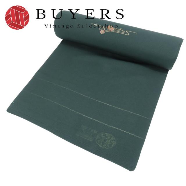 中古 反物 訪問着 ちりめん 正絹 深緑 八掛付き 刺繍 裁断済み 和装 呉服 和服 きもの レディース 女性