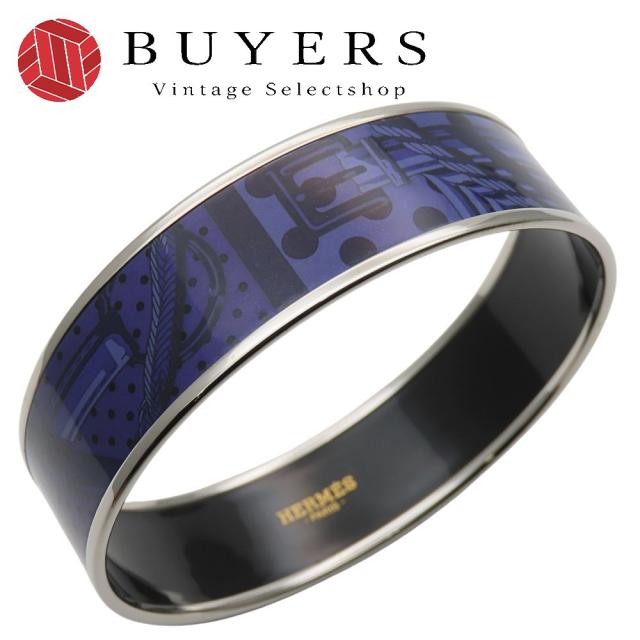 中古 エルメス バングル エマイユGM メタル エナメル パープル系 シルバー 七宝焼き ベルト ドット レディース 女性 HERMES